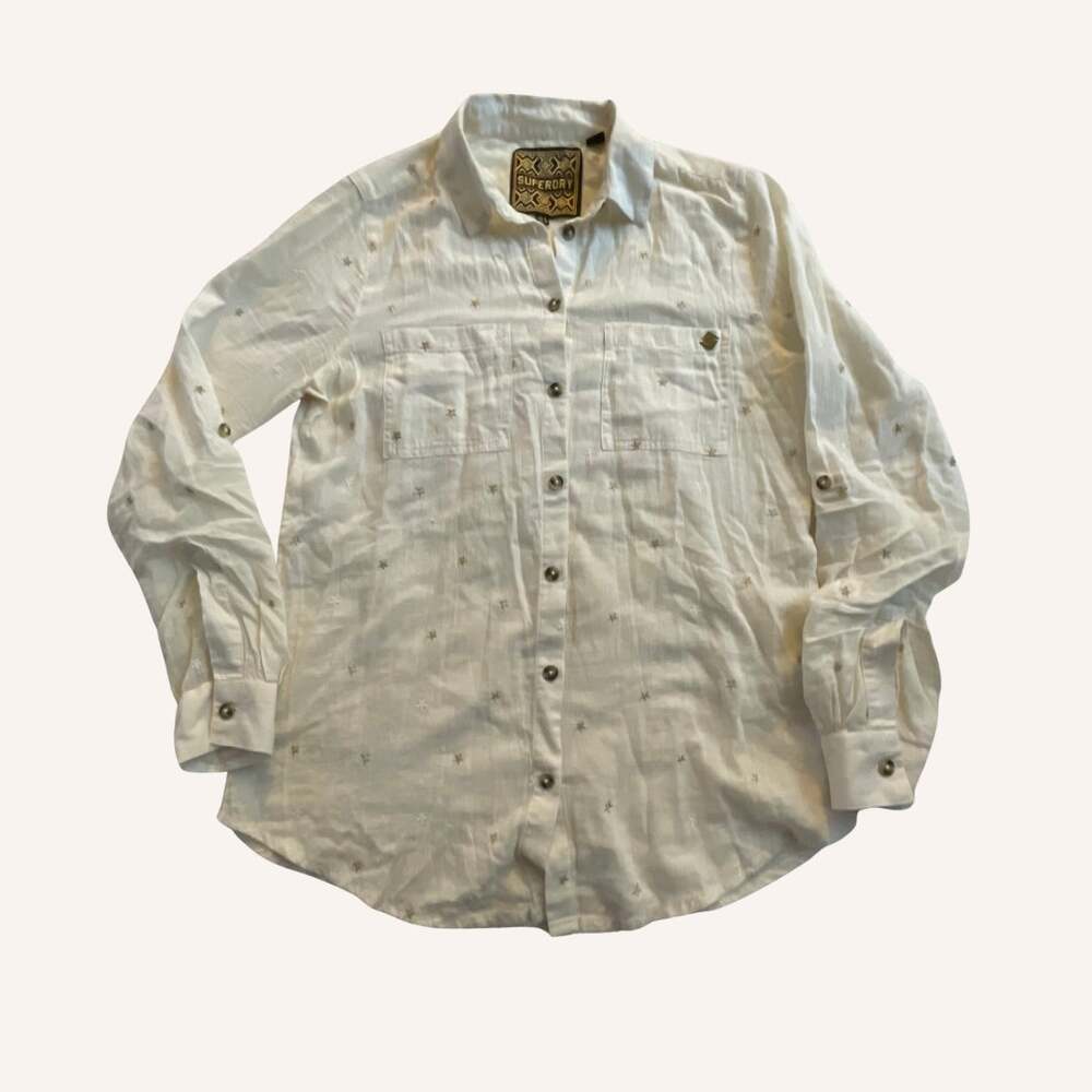 SUPERDRY shirt white embroidered gold star utility button down 100% cotton US 4